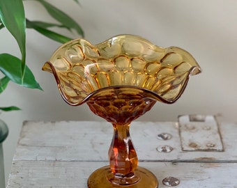 Vintage Fenton Glass Thumbprint Print Ruffle Edge Compote Pedestal Bowl