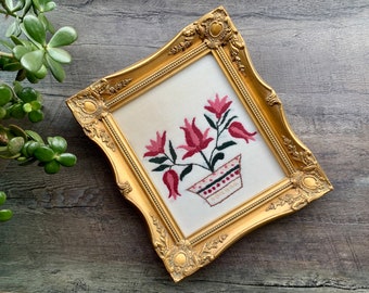 Vintage Ornate Gold Gilt Wood Framed Original Floral Crewel Art *Red Pink Flowers* French Style Wall Decor