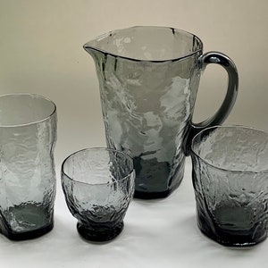 MCM Sets of Morgantown Crinkle Glass *Pitcher, Tumblers, Old Fashioned, Cocktail, Juice* Smoke Charcoal Gray