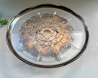 Vintage Mid Century Georges Briard Glass Pedestal Cake Plate Stand Silver Band Rim Floral Sterling Overlay Decor