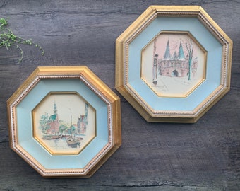 Vintage *Smeele Signed* Netherlands Holland Cities *Gold Gilded Blue Octagon* Framed Florentine Art Wall Decor