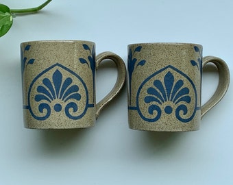 Vintage McLaggan Smith Pottery of Scotland Speckled Stoneware w/ Blue Pattern Mug Set of 2