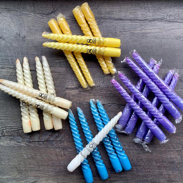 Lot of 25 Vintage 8” Twist Spiral Taper Candle Decor “New Old Stock”  *White Yellow Purple Blue*