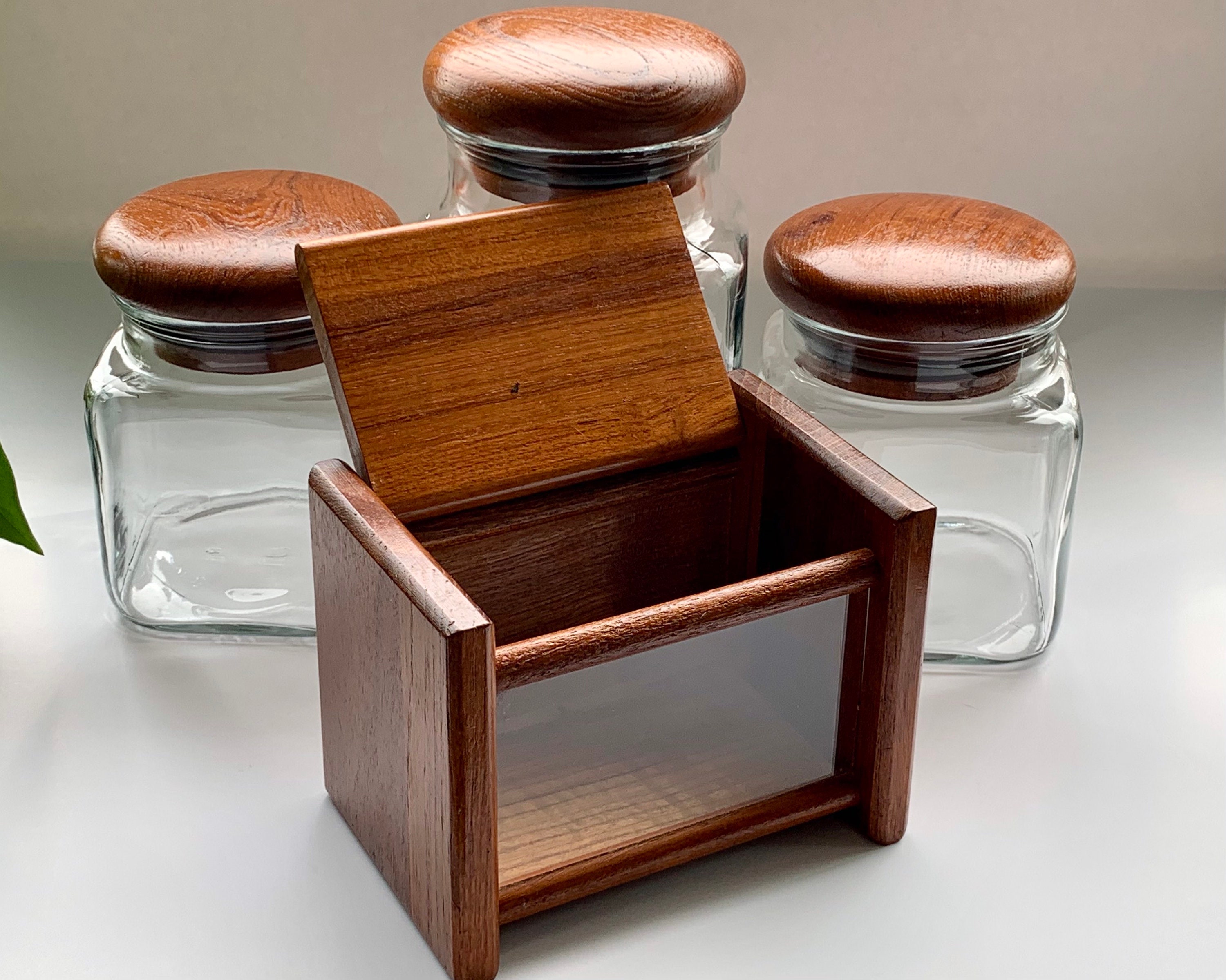 Vintage MCM Teak Glass Kitchen Canister Set & Recipe Box Etsy