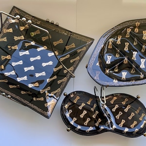 Vintage MCM Houze Cera Glass Serving Platters *Gold Smoke Gray* Divided Plate Carrier Caddy *butterfly bow tie*