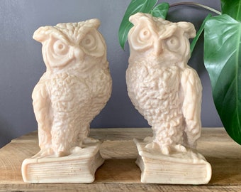 Vintage Athena Marble Owl Bookends Book Decor *White Carved Stone*