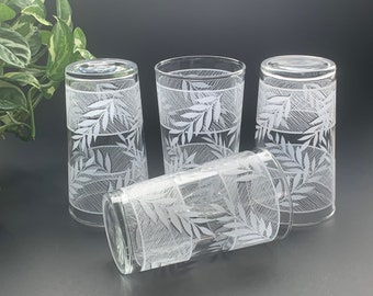 vintage Libbey Glass Highball Tumbler *Ensemble de 4* Lignes géométriques blanches et feuilles de bambou Zen Barware