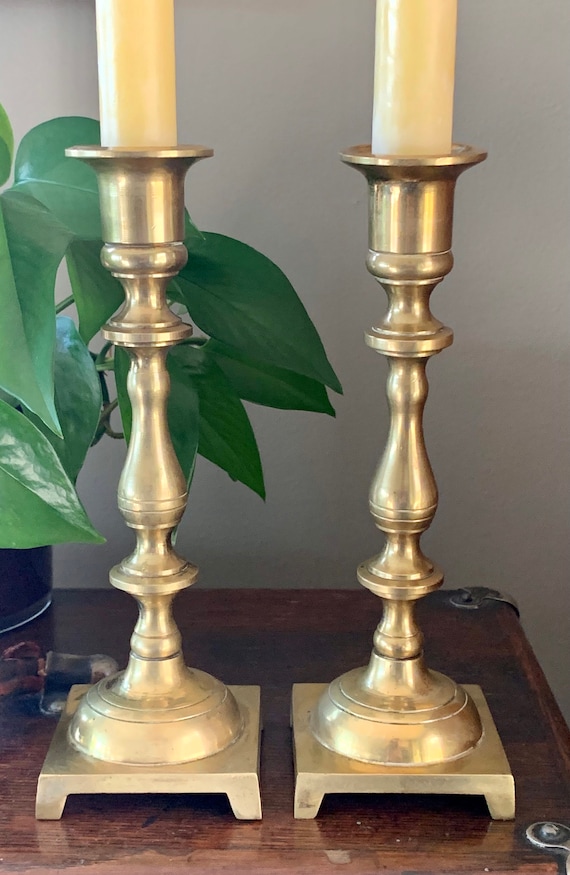Vintage Brass Taper Candle Holder Square Footed Base Set of 2 