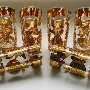 Vintage Culver Florentine * Signé * MCM Gold Fruit Highball Cocktail Glass * Ensemble de 6 * Barware texturé incrusté