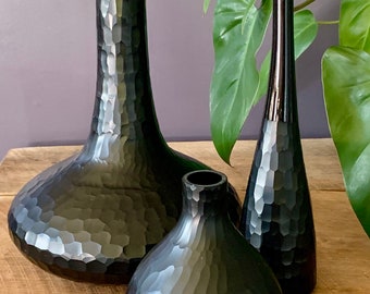 Vintage Blown Glass Battuto Matte Black Glass Vase *Hammered Chiseled Textured* Decor