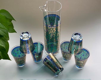 MCM *9 piece* Georges Briard Sari Paisley Cocktail Pitcher & Glass Set *Signed* Barware