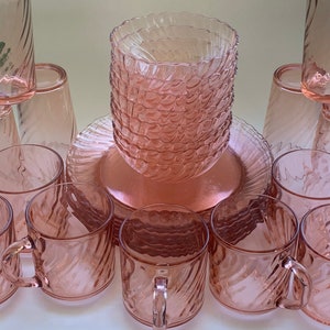 Rosaline Pink Swirl Optic *Arcoroc France* Cristal D’Arques-Durand *Sets of Plates Bowls Tumblers Mugs* Luminarc