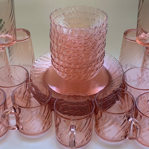 Rosaline Pink Swirl Optic *Arcoroc France* Cristal D’Arques-Durand *Sets of Plates Bowls Tumblers Mugs* Luminarc
