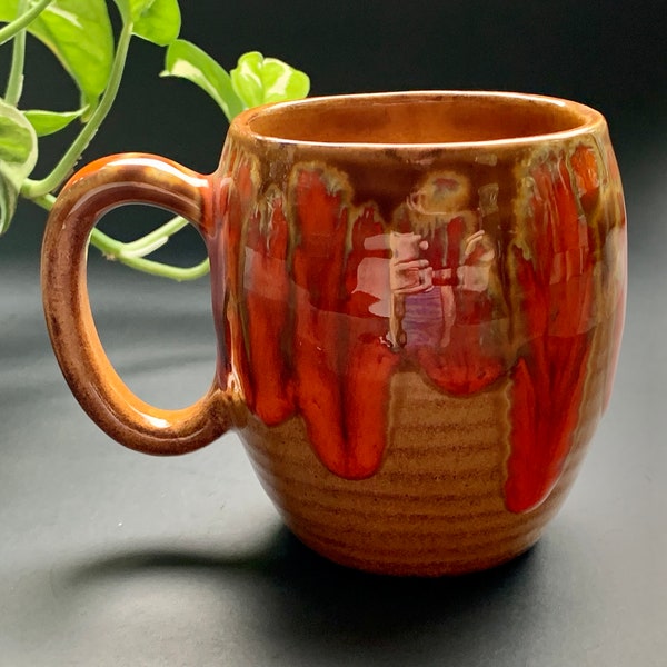 Artisan Handmade *Bar Harbor Pottery Maine* Orange & Brown Drip Glaze Mug
