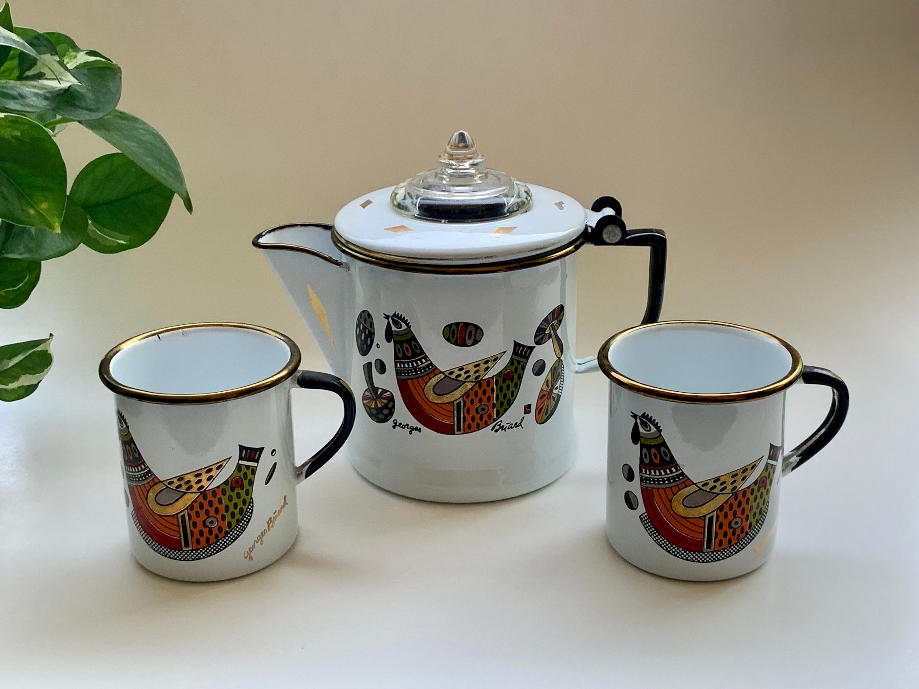 Vintage Mid Century Georges Briard Enamel Coffee Percolator & Mug
