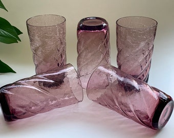 Vintage Amethyst Crackle Glass Optic Swirl Tumbler *Set of 5* Purple Art Glass