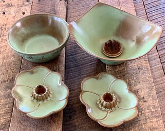 Vintage Frankoma Pottery Prairie Green Decor *300 Candle Holders, 7XL Bowl, F34 Bowl w/ Frog*