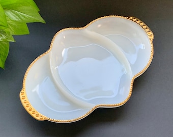 Vintage Anchor Hocking Fire King Milk Glass Swirl Golden Anniversary 3-Part Divided Serving *Gold Hobnail Dots* Relish Dish