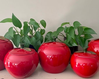 Vintage 1960’s Chrom-Ever Aluminum Red Apple Canister Set *5 pieces* Brass Stems Leaves