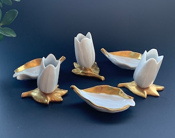 Vintage Italian Gold Porcelain Tulip & Leaf Smoking Set *Match Holders Ashtrays* Italy Tobacciana Decor