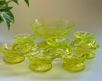 Antique 1887-1925 Northwood Vaseline Uranium Glass Salt Cellar Bowl Serving Set *GLOWS* Master