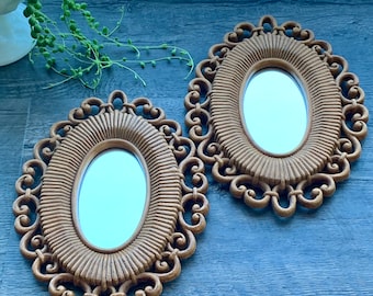 Vintage 1978 Burwood Syroco Faux Wicker Rattan Framed Mirror *Set of 2*  Oval Wall Decor