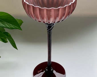 Vintage Mid Century 11.5” Empoli Amethyst Cased Glass Pedestal Compote *Purple Peony Bowl* Decor