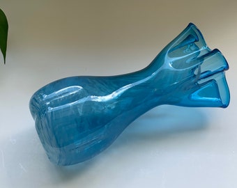 Vintage Blown Studio Art Glass Vase *Turquoise Blue w/ White Swirl* Ruffled Pinched