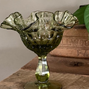 Vintage Fenton Glass Thumbprint Print Ruffle Edge Compote Bowl