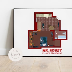 May include: A red and brown illustration of Elliot's apartment from the TV show Mr. Robot. The apartment is a one-bedroom with a kitchen, bathroom, and living room. The illustration includes furniture and other details from the show.