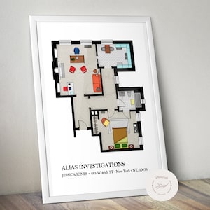 Puede incluir: Un plano de planta en blanco y negro de un apartamento con el texto "ALIAS INVESTIGATIONS JESSICA JONES 485 W 46th ST New York, NY, 10036".