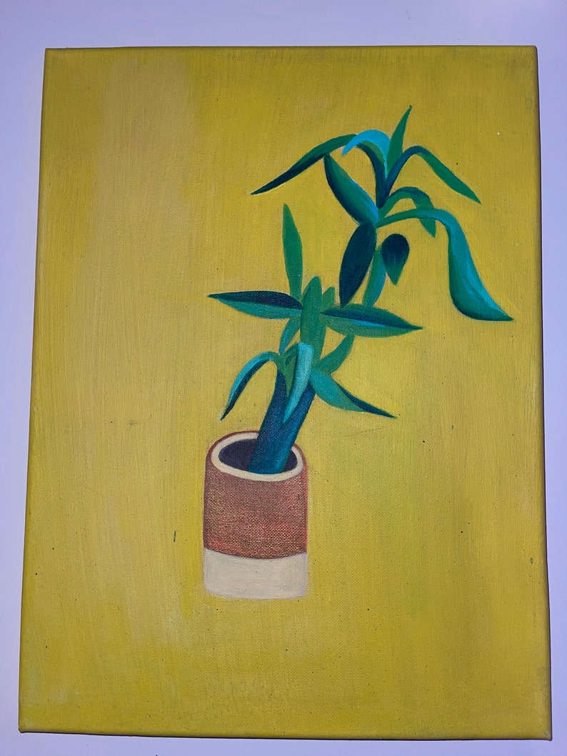 Peut inclure: Une peinture repr&eacute;sentant une plante verte dans un pot brun et blanc sur un fond jaune.