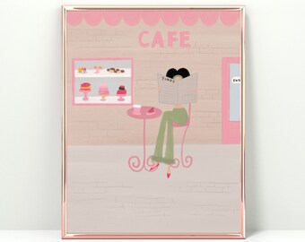 Cute Café Art Print, Parisian cafe art , Happy art, Wall Design, Home Decor, Living Room/ Bedroom/Kitchen Wall Art, Fashion illustration