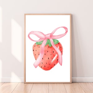 Coquette Pink Bow Strawberry Digital Wall Art/Poster , Cute Dorm Room Decor, Trendy Printable Wall Art, Sandy Liang, DIGITAL DOWNLOAD