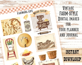 FARMGIRL LIFE ~  Farm-style clipart, collage sheet, ephemera, images for journal or planner