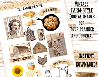 THE FARMER'S WIFE ~ Farm-style clipart, collage sheet, ephemera, images for journal or planner