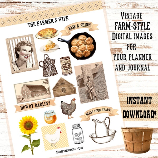THE FARMER'S WIFE ~ Farm-style clipart, collage sheet, ephemera, images for journal or planner