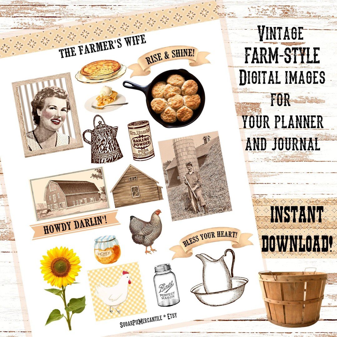 THE FARMER’S WIFE Farm-style Clipart, Collage Sheet, Ephemera, Images