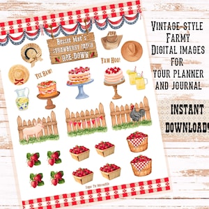 以下が含まれることがあります： ヴィンテージスタイルの農場イラストが描かれたデジタルシート。ケーキ、イチゴ、帽子、フェンス、豚、オンドリの画像が含まれています。「Bessie Mae's Strawberry Patch Hoe-Down」と「Instant Download!」の文字が含まれています。