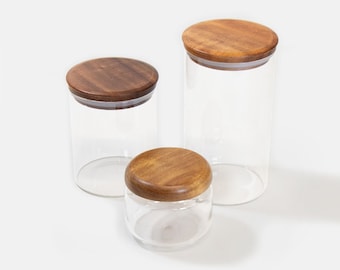 Modern Airtight Glass Canisters with Wood lids | Glear Jar with wooden top | Clear Canister Set