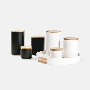 Ceramic Cylinder Storage Jar With Wood Lid/Minimalist Kitchen Organizer Food Storage Jar/Coffee Tea Sugar Container/Seasoning Spice Canister image 2