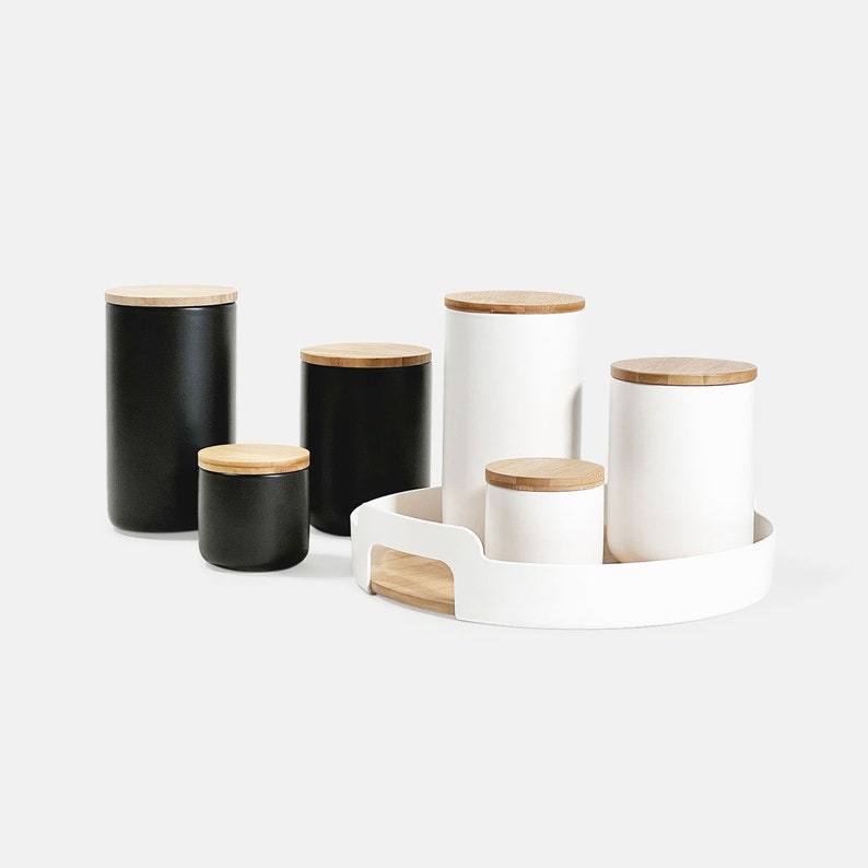 Ceramic Cylinder Storage Jar With Wood Lid/Minimalist Kitchen Organizer Food Storage Jar/Coffee Tea Sugar Container/Seasoning Spice Canister image 2