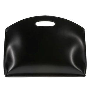May include: A black leather tote bag with a curved top and a cut-out handle.