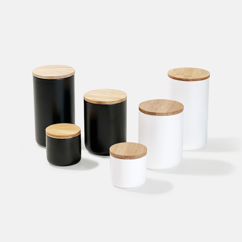 Ceramic Cylinder Storage Jar With Wood Lid/Minimalist Kitchen Organizer Food Storage Jar/Coffee Tea Sugar Container/Seasoning Spice Canister image 1