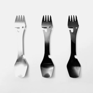 May include: Three stainless steel camping utensils with a spoon, fork, and bottle opener. The utensils are silver, black, and a combination of both.