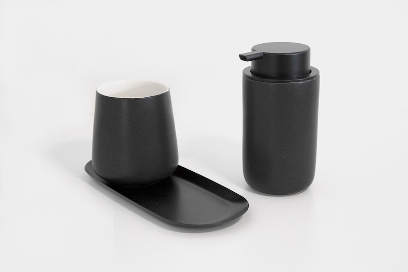 Minimalist Midnight-Black Foaming Soap Dispenser/ Ceramic Base with black Soap Pump/ Essential Bathroom Accessories image 8