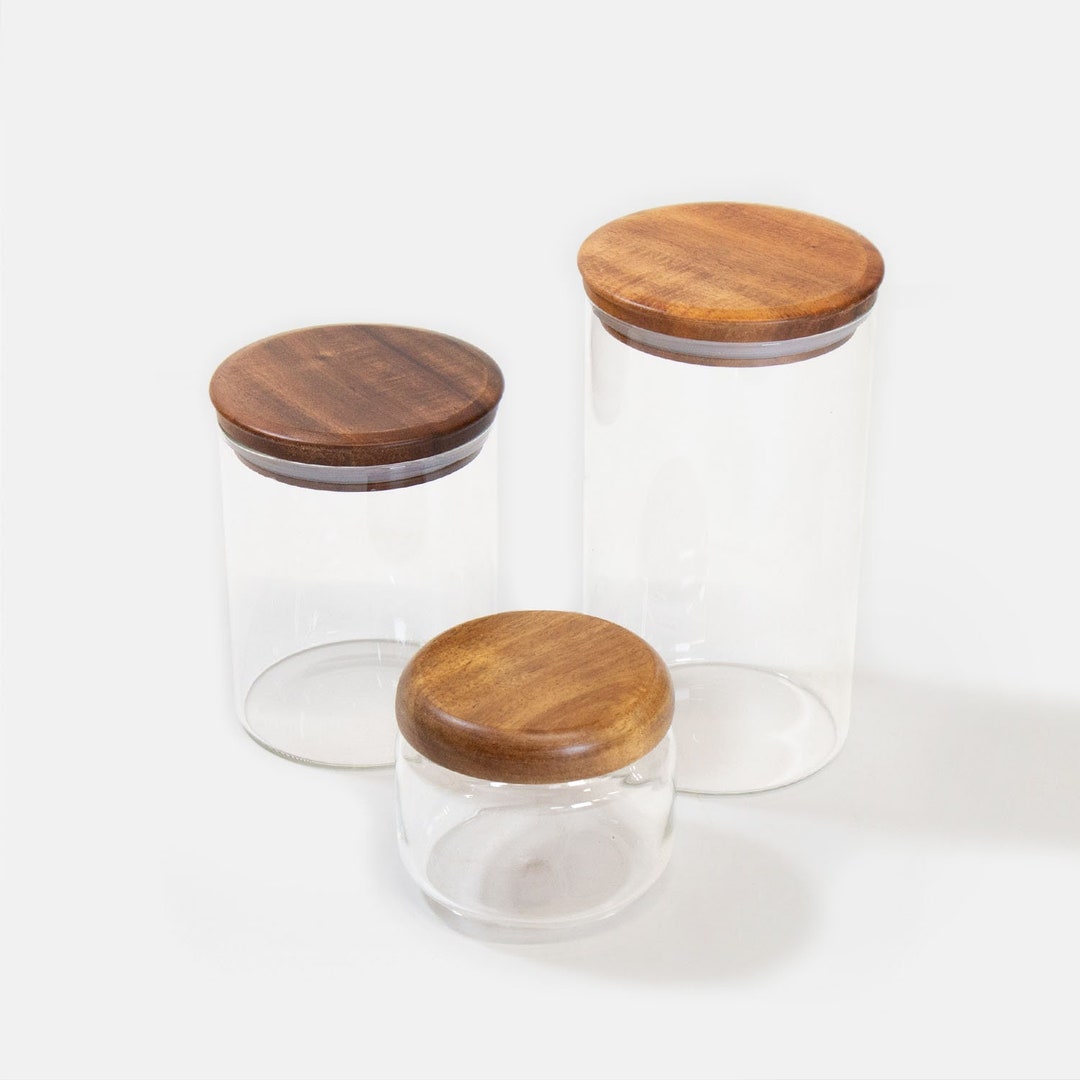 Modern Airtight Glass Canisters With Wood Lids Glear Jar With Wooden Top Clear Canister Set Etsy