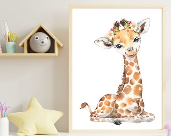 Baby Giraffe Watercolor Print, Nursery Wall Art, Africa Safari Cute Animal Decor, Kids Baby Room Poster, Boy Girl, Watercolor Flower,Giraffe