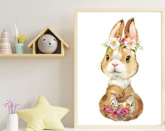 Cute Brown Bunny Rabbit with a basket and flowers, Watercolor Print perfect as Nursery Wall Art, jpg or png