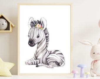 Baby Zebra Watercolor Print, Nursery Wall Art, Africa Safari Cute Animal Decor, Kids Baby Room Poster, Girl, Watercolor Flower, Zebra